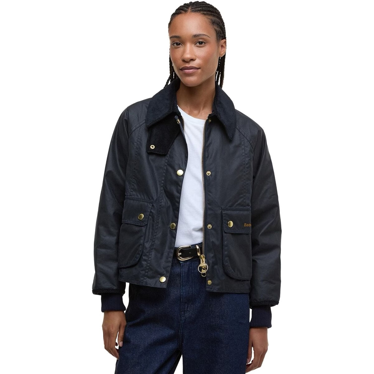 Barbour Cropped Beadnell Wax Jacket in Navy